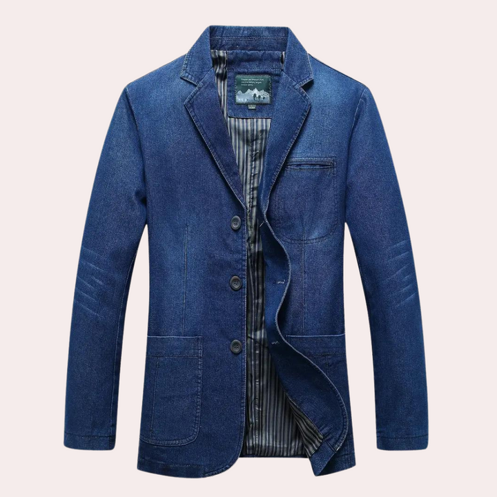 Blauwe denim blazer voor heren met drie knopen en gestreepte voering. Stijlvolle casual jas, perfect voor modieuze en veelzijdige outfits.