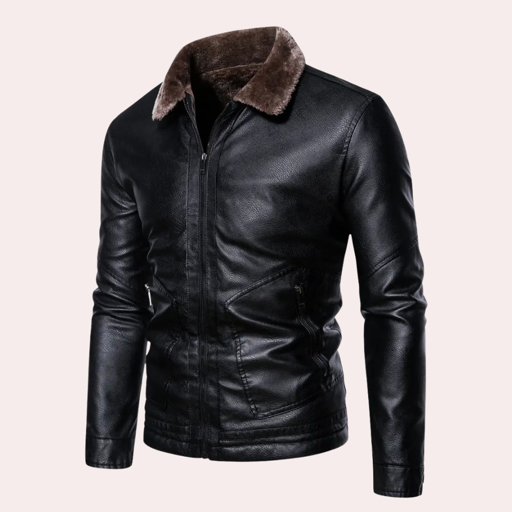 Zwarte leren jas met bruine bontkraag, herenmode, winterjas, stijlvolle en warme bovenkleding, rits en zakken, trendy design.