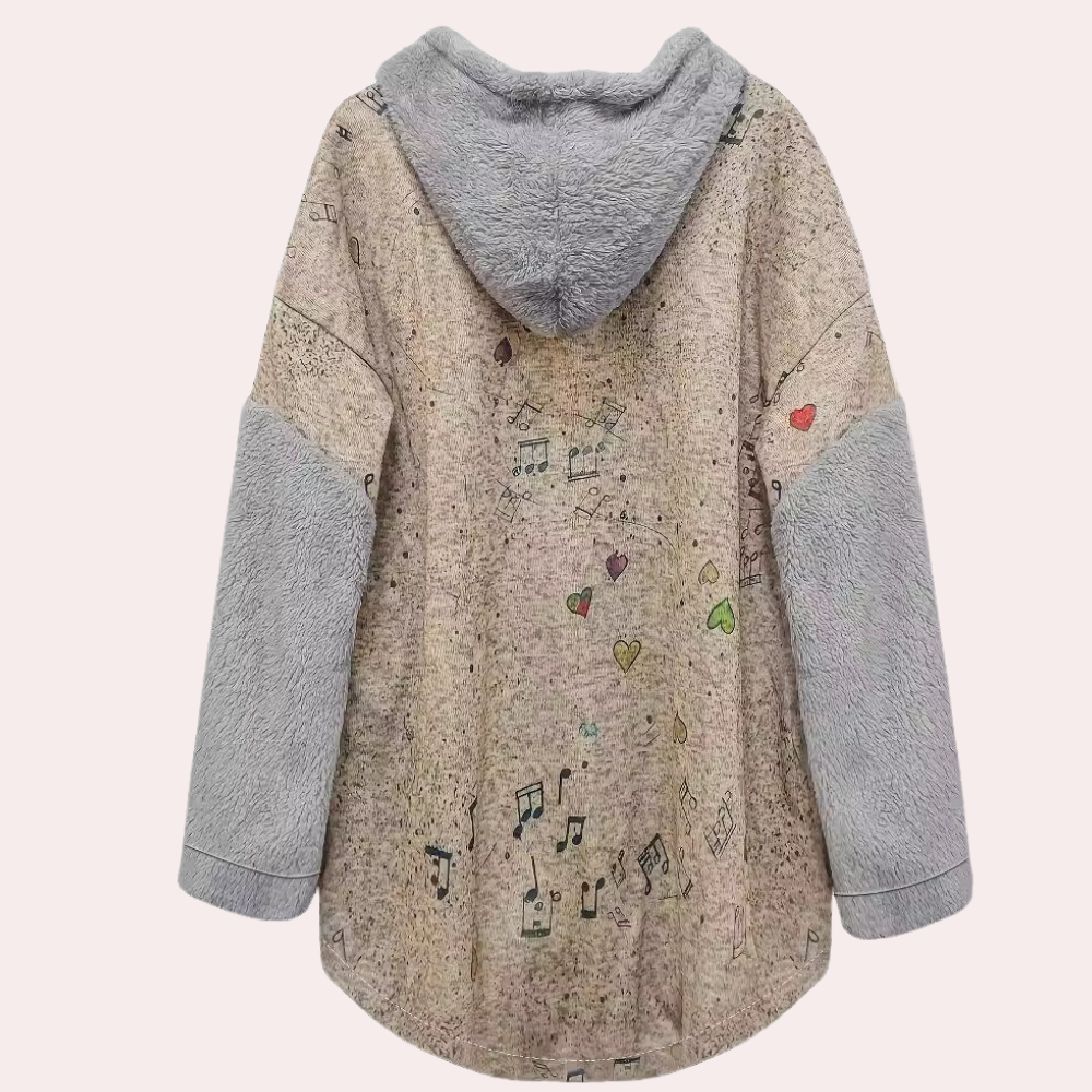 Grijze fleece hoodie met muzieknoten en hartjes print, lange mouwen, capuchon, casual stijl. Perfect voor herfst en winter. Unieke damesmode.