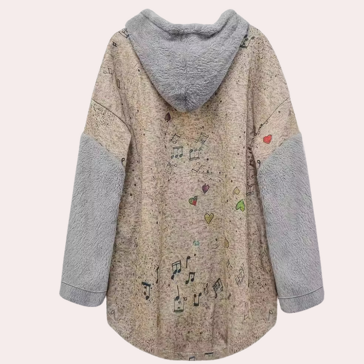 Grijze fleece hoodie met muzieknoten en hartjes print, lange mouwen, capuchon, casual stijl. Perfect voor herfst en winter. Unieke damesmode.