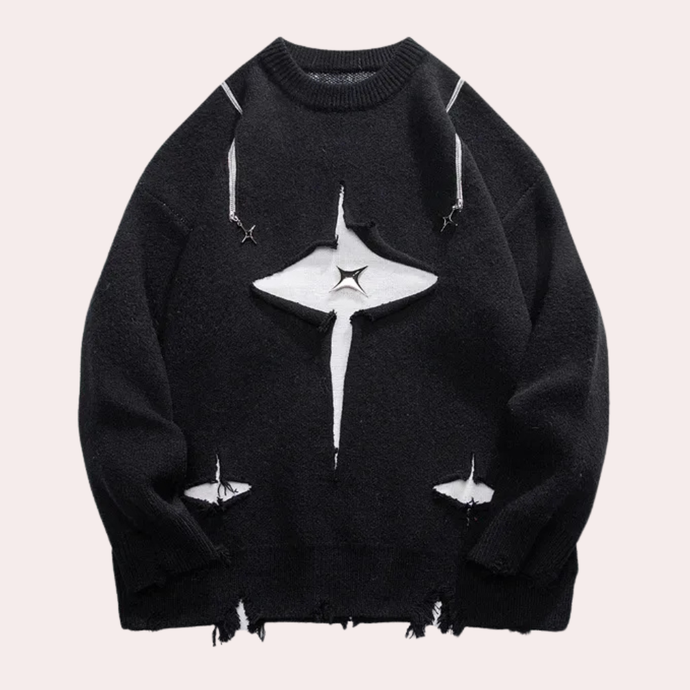 Zwarte trui met witte stervormige uitsnijdingen, streetwear stijl, unisex design, modetrend, casual kleding, herfstmodesweater.