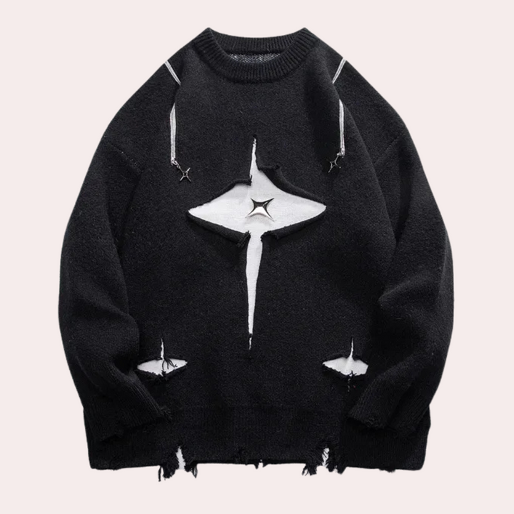 Zwarte trui met witte stervormige uitsnijdingen, streetwear stijl, unisex design, modetrend, casual kleding, herfstmodesweater.
