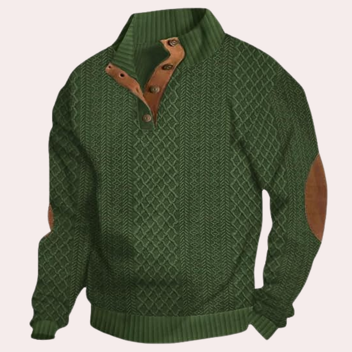 Groene herensweater met kabelpatroon, bruine knopen en elleboogstukken. Comfortabele trui, ideaal voor herfst- en wintermode.