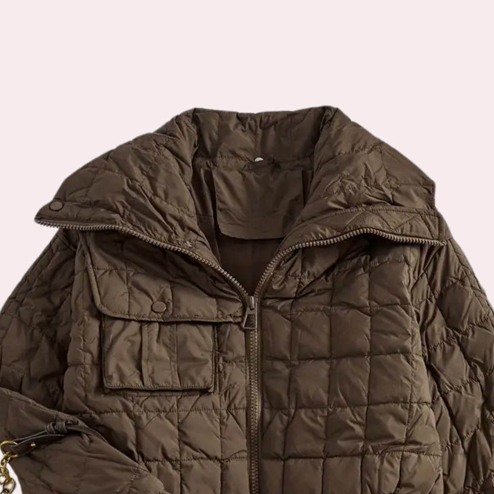 Bruine gewatteerde jas met rits en opstaande kraag, modieus en warm, ideaal voor herfst en winter. Perfecte keuze voor damesmode en outdoor activiteiten.