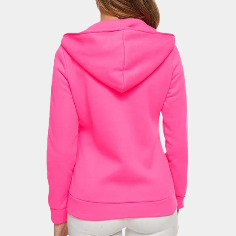 Felroze dameshoodie met capuchon, lange mouwen en comfortabele pasvorm. Perfect voor casual outfits en sportieve activiteiten.