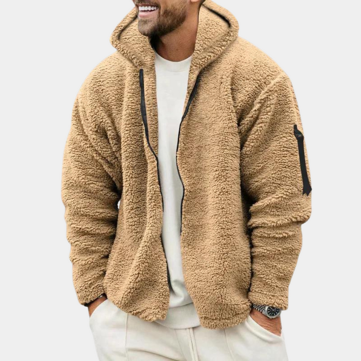 Warme heren hoodie van fleece, beige kleur, met rits en capuchon. Comfortabele wintertrui, ideaal voor casual en outdoor activiteiten.