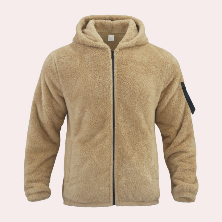 Warme heren hoodie van fleece met capuchon, beige kleur, ritssluiting, zak op mouw. Comfortabele wintertrui, ideaal voor koude dagen.