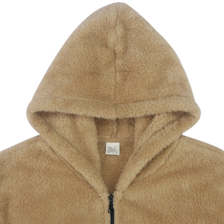 Warme heren hoodie met capuchon, beige teddy stof, ritssluiting. Comfortabele wintertrui, ideaal voor koude dagen. Modieuze herenkleding.