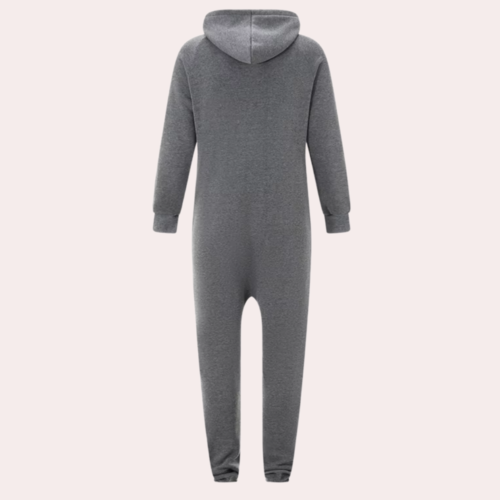 Grijze fleece onesie met capuchon, lange mouwen en ritssluiting, comfortabele loungewear voor dames en heren, ideaal voor koude dagen.