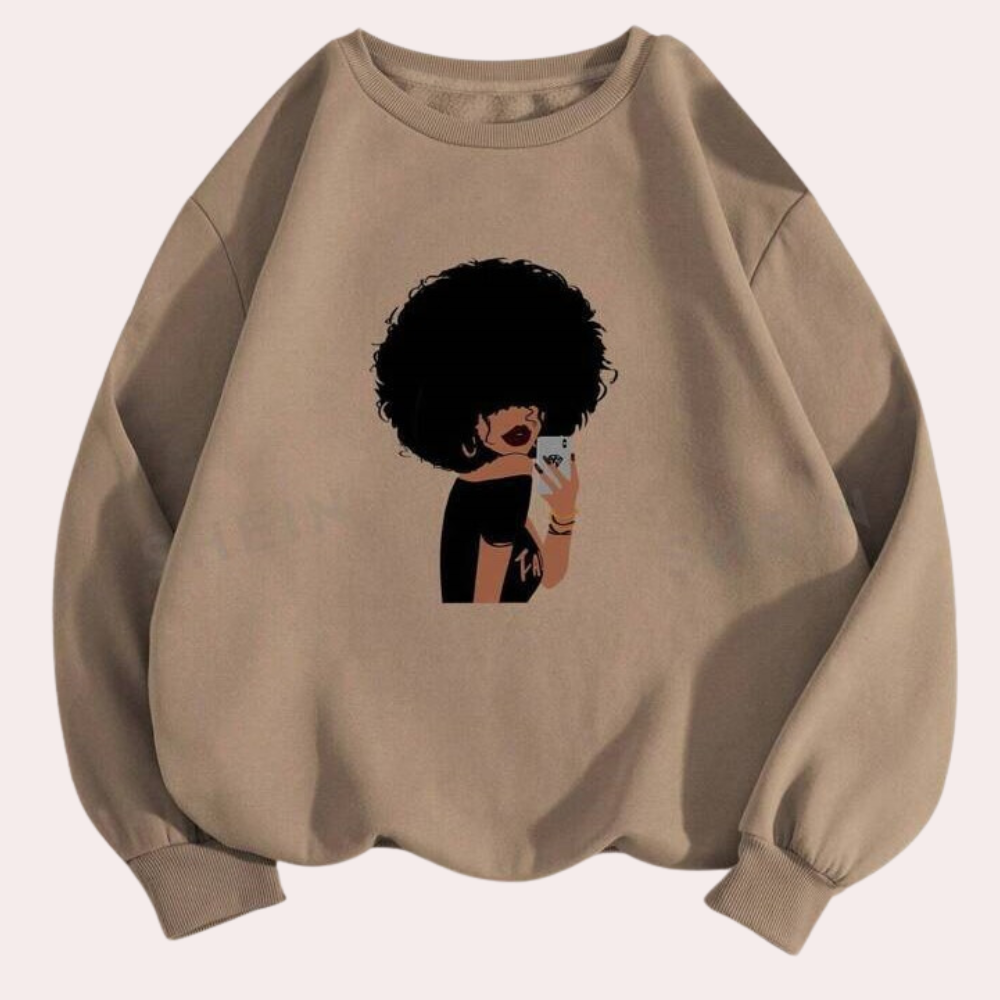 Beige sweatshirt met illustratie van vrouw met afro en smartphone, trendy streetwear, unisex mode, casual outfit, comfortabele trui.