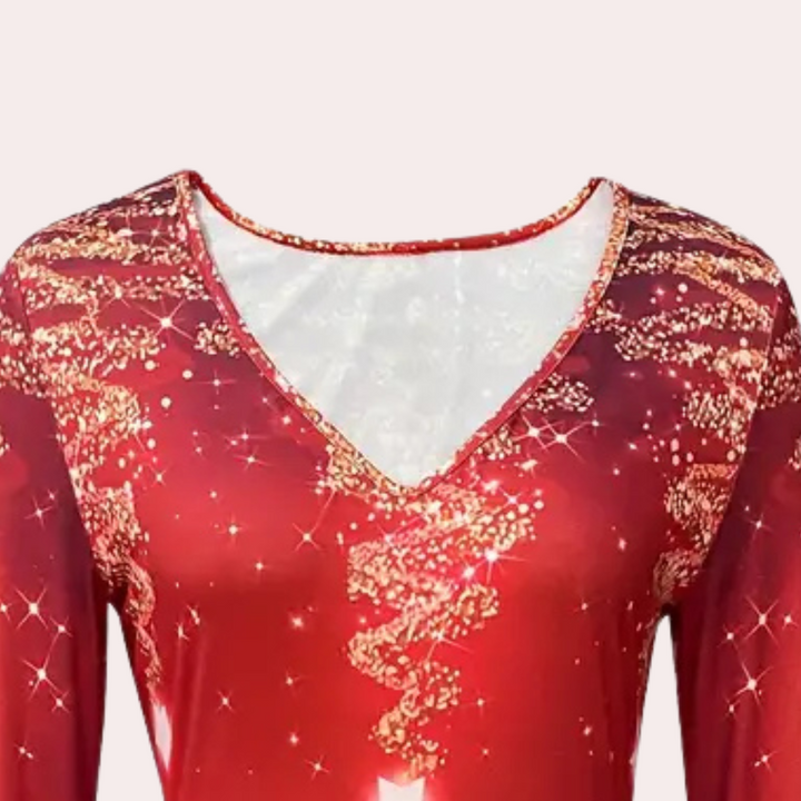 Rode glitterjurk met lange mouwen en V-hals, versierd met sprankelende pailletten. Perfect voor feestelijke gelegenheden en avondkleding.