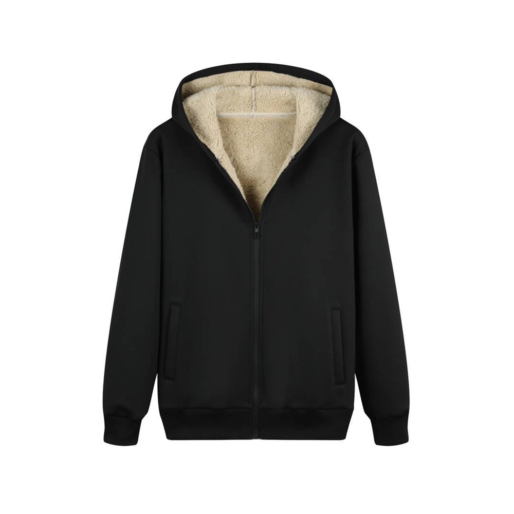 Zwart trainingspak voor heren met capuchon, warme fleece voering, ritssluiting en zakken. Perfect voor sport en casual gebruik in koud weer.