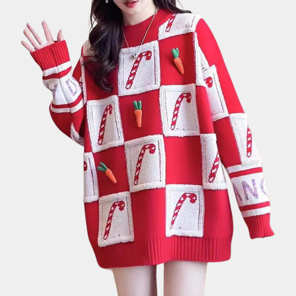 Rode kersttrui met witte vakken, versierd met snoepstokken en wortels, lange mouwen, ideaal voor feestdagen, damesmode, winterkleding.