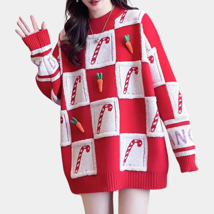 Rode kersttrui met witte vakken, versierd met snoepstokken en wortels, lange mouwen, ideaal voor feestdagen, damesmode, winterkleding.