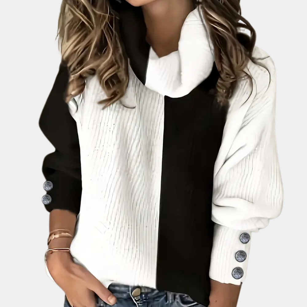 Zwart-witte damestrui met col, knopen op mouwen, modieuze herfstkleding, casual stijl, geschikt voor dagelijks gebruik, trendy damesmode.