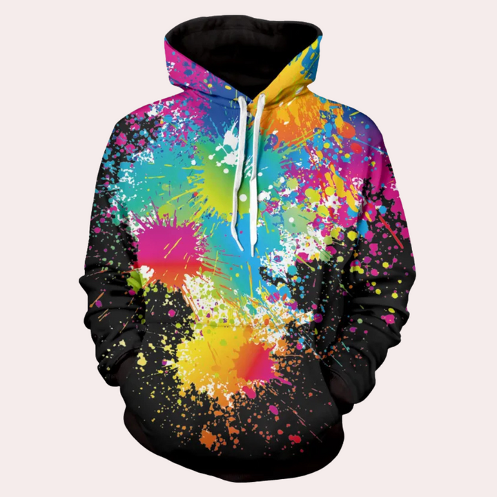 Kleurrijke hoodie met verfspetters, unisex design, casual streetwear, regenboogkleuren, comfortabele pasvorm, trendy mode, creatieve stijl.