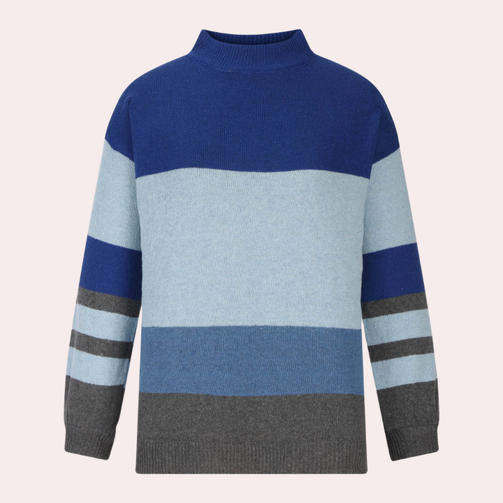 Blauwe en grijze gestreepte trui met col, uniseks design, gemaakt van zachte wolmix. Perfect voor herfst- en wintermode.