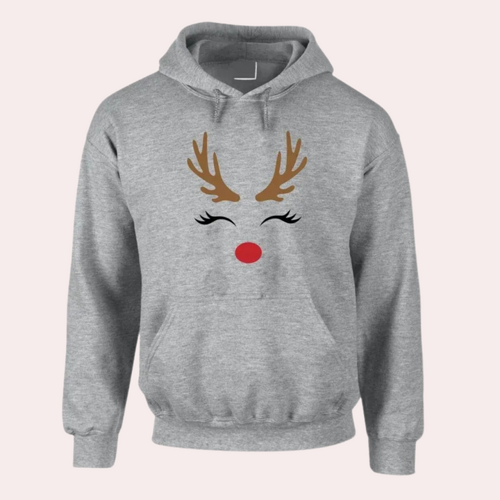 Grijze hoodie met rendierontwerp, rode neus en gewei, ideaal voor kerstmode. Comfortabele unisex trui, perfect voor winterse feestdagen.