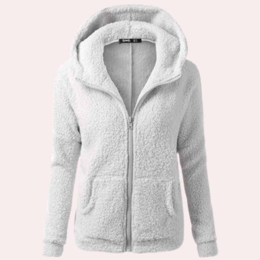 Grijze fleece dameshoodie met capuchon, ritssluiting en zakken. Comfortabele en warme kleding voor herfst en winter. Perfect voor casual outfits.