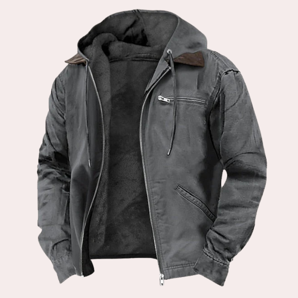 Grijze herenjas met capuchon, ritssluiting en zakken, winterjas, warme voering, casual stijl, geschikt voor dagelijks gebruik.