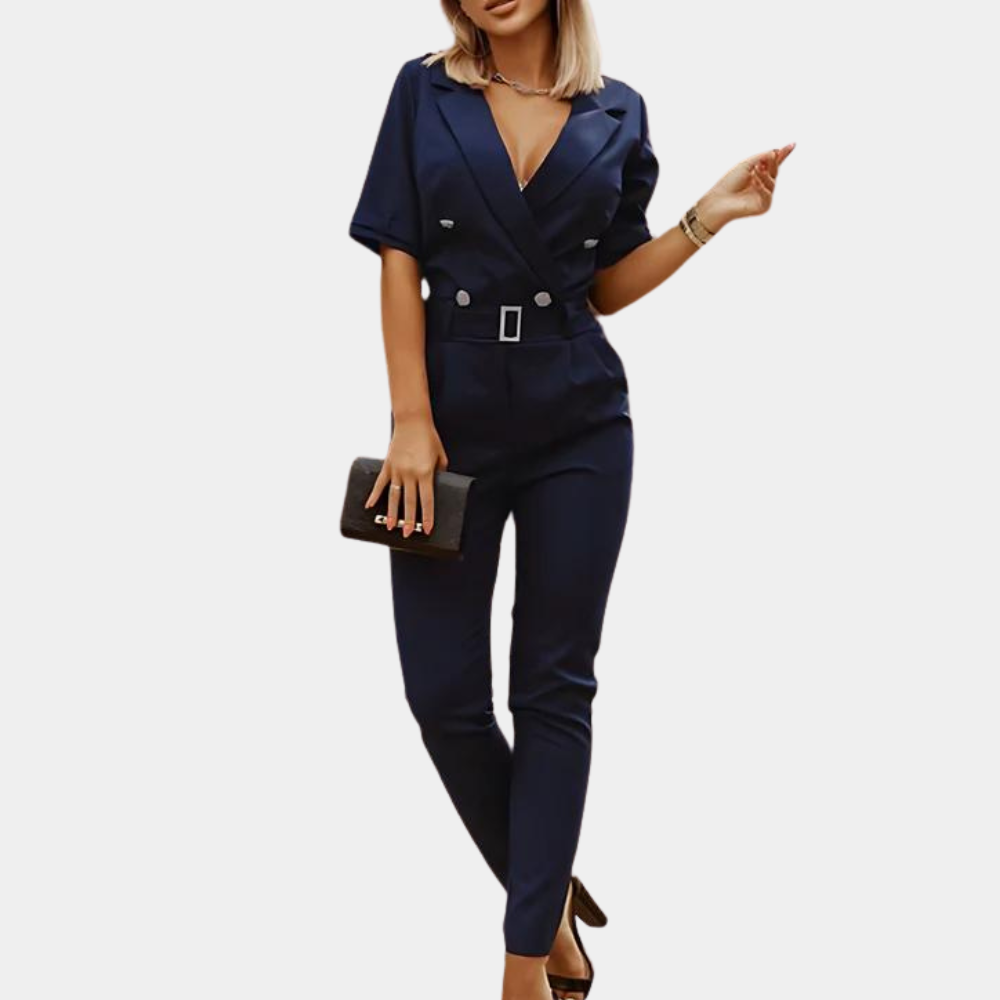 Elegante damesjumpsuit met V-hals, donkerblauw, korte mouwen, tailleband met knopen, geschikt voor formele gelegenheden, modieuze dameskleding.
