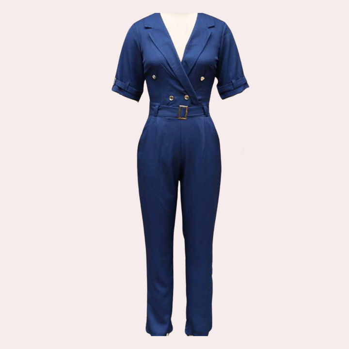 Elegante damesjumpsuit met V-hals, marineblauw, korte mouwen, dubbele knoopsluiting, riemdetail. Perfect voor formele gelegenheden.