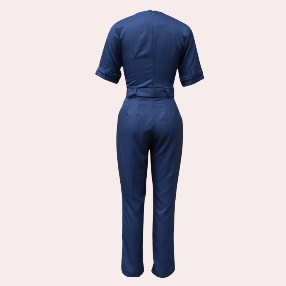 Elegante damesjumpsuit met V-hals, korte mouwen en ceintuur, donkerblauw, modieuze dameskleding, stijlvolle jumpsuit voor elke gelegenheid.