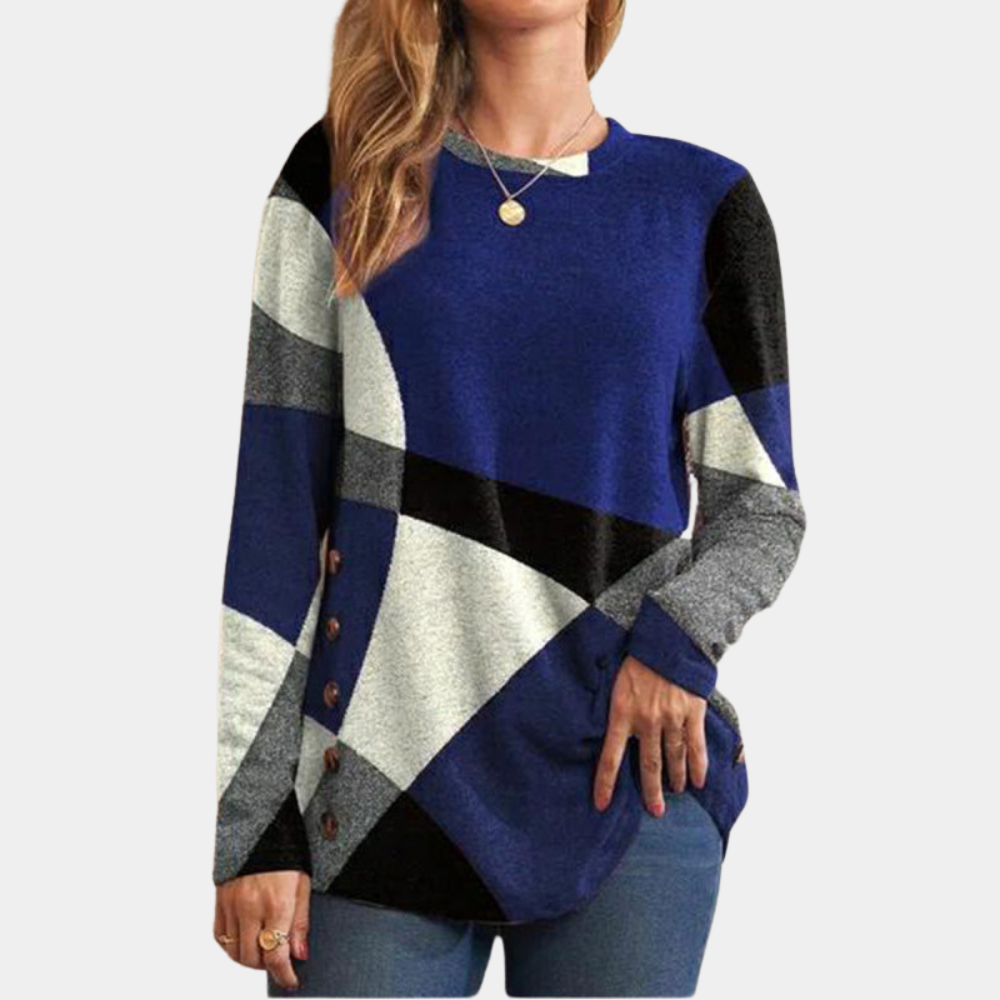 Damestrui met lange mouwen, geometrisch patroon, blauw, zwart en wit, knoopdetails, casual mode, herfstkleding, comfortabele pasvorm.
