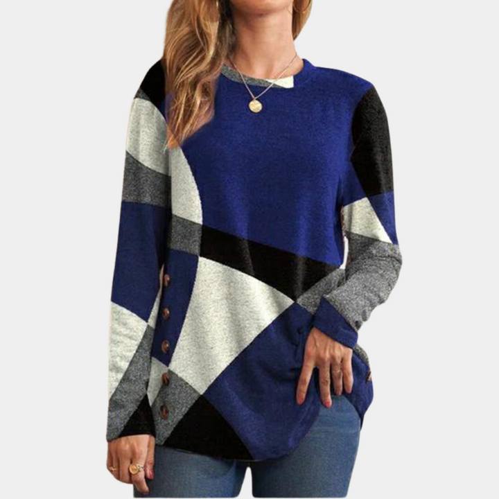 Damestrui met lange mouwen, geometrisch patroon, blauw, zwart en wit, knoopdetails, casual mode, herfstkleding, comfortabele pasvorm.