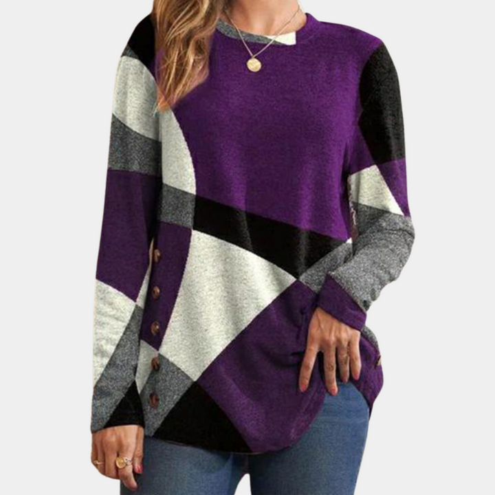 Paarse damestrui met lange mouwen, geometrisch patroon, knoopdetails aan de zijkant. Modieuze casual top, perfect voor herfst- en winteroutfits.