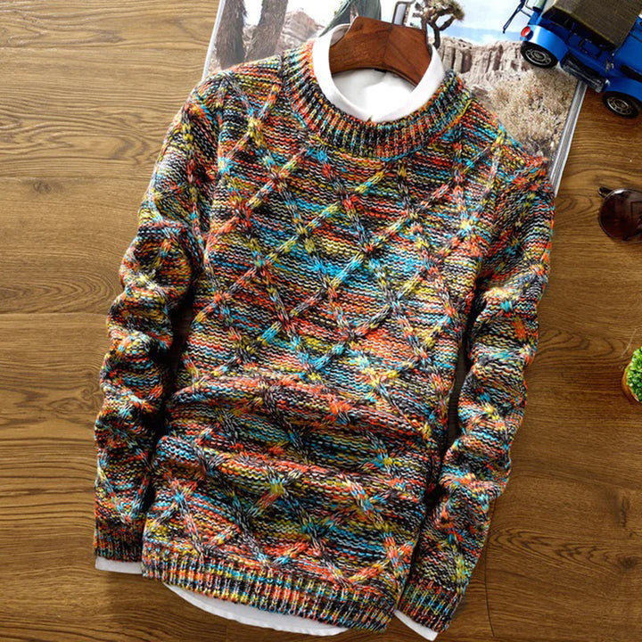Grofgebreide herentrui met kleurrijk patroon, ideaal voor wintermode. Warme, stijlvolle trui voor heren, perfect voor koude dagen.