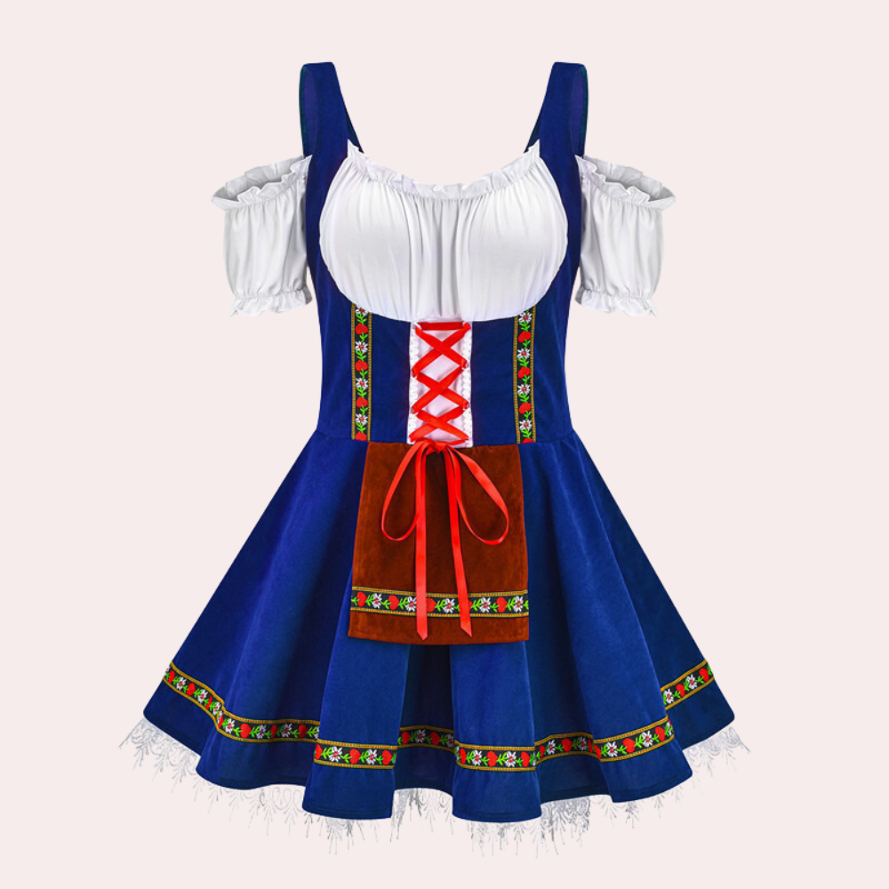 Stijlvolle blauwe dirndl jurk voor dames, perfect voor Oktoberfest, met witte blouse, rode veter en kleurrijke bloemenaccenten.