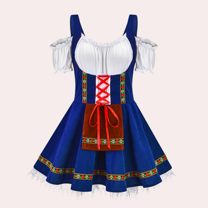 Stijlvolle blauwe dirndl jurk voor dames, perfect voor Oktoberfest, met witte blouse, rode veter en kleurrijke bloemenaccenten.