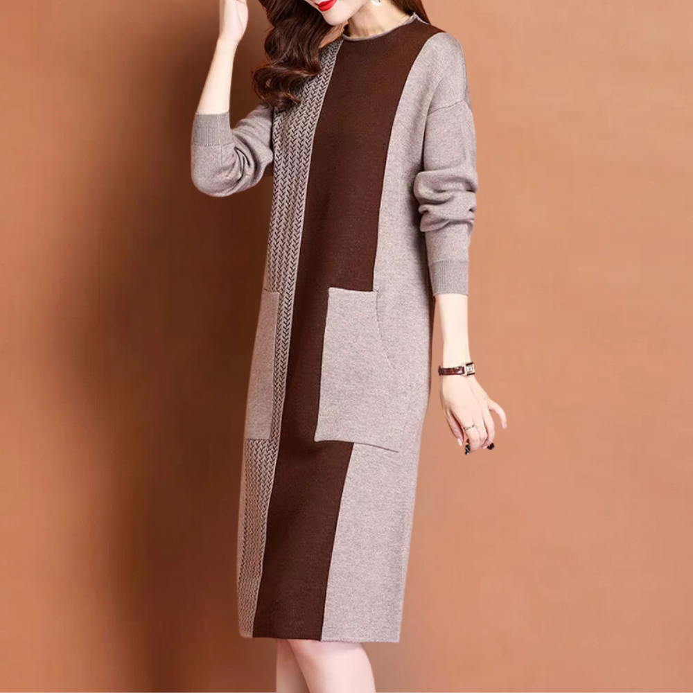 Grijze en bruine damesjurk met lange mouwen, kleurblokken en zakken, modieuze herfstkleding, casual stijl, comfortabele pasvorm.