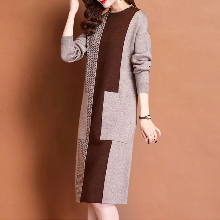 Grijze en bruine damesjurk met lange mouwen, kleurblokken en zakken, modieuze herfstkleding, casual stijl, comfortabele pasvorm.