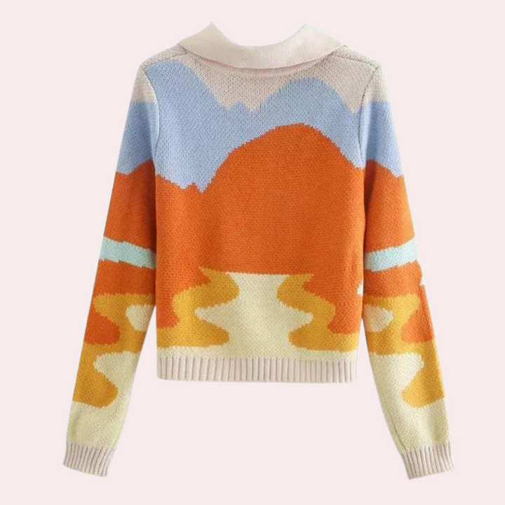 Retro gebreide trui met kleurrijk berglandschap, lange mouwen en ronde hals. Perfect voor herfstmode en casual outfits. Unieke vintage stijl.