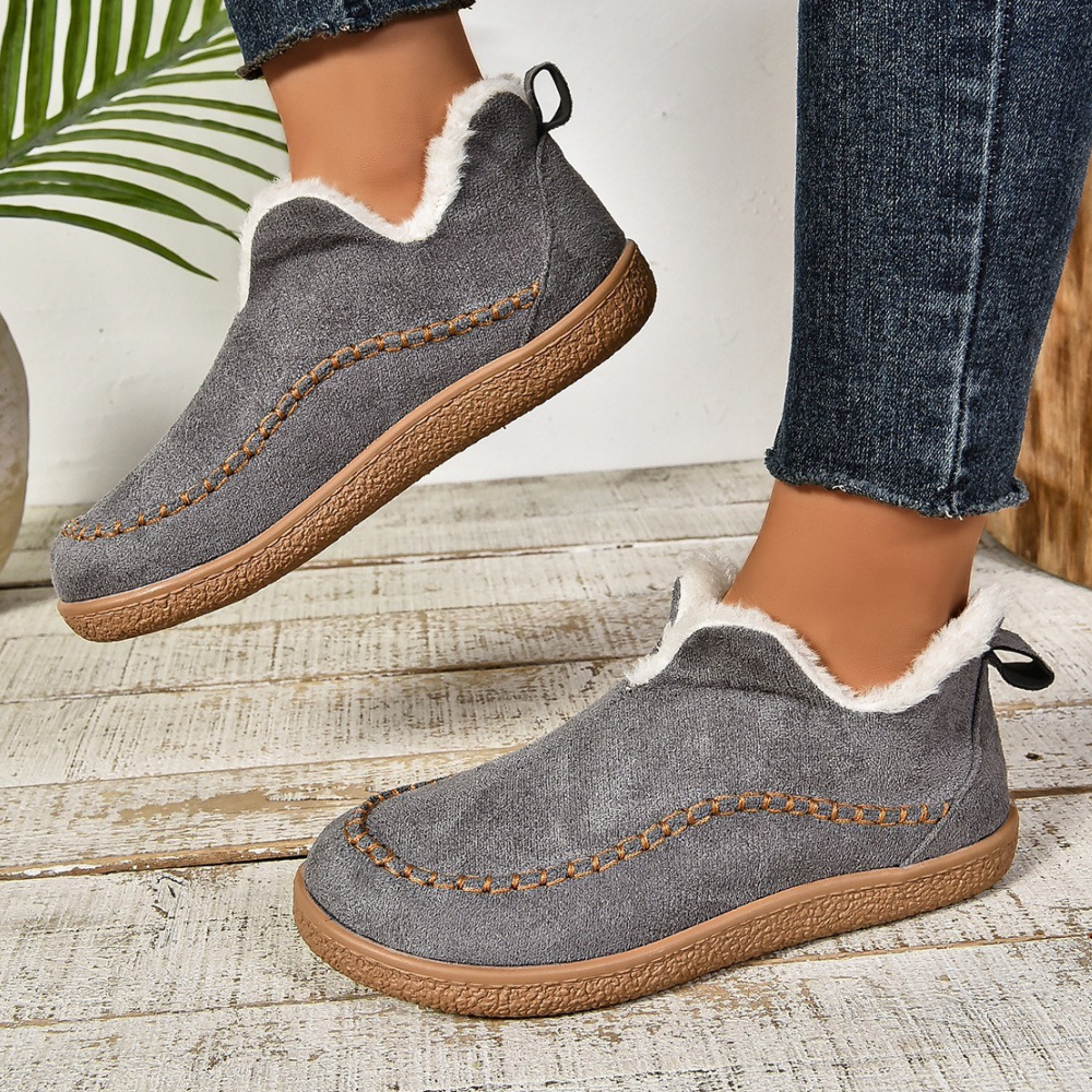 Grijze dames winterschoenen met bontvoering, comfortabele antislip zool, casual stijl, perfect voor koude seizoenen, modieuze en warme schoenen.