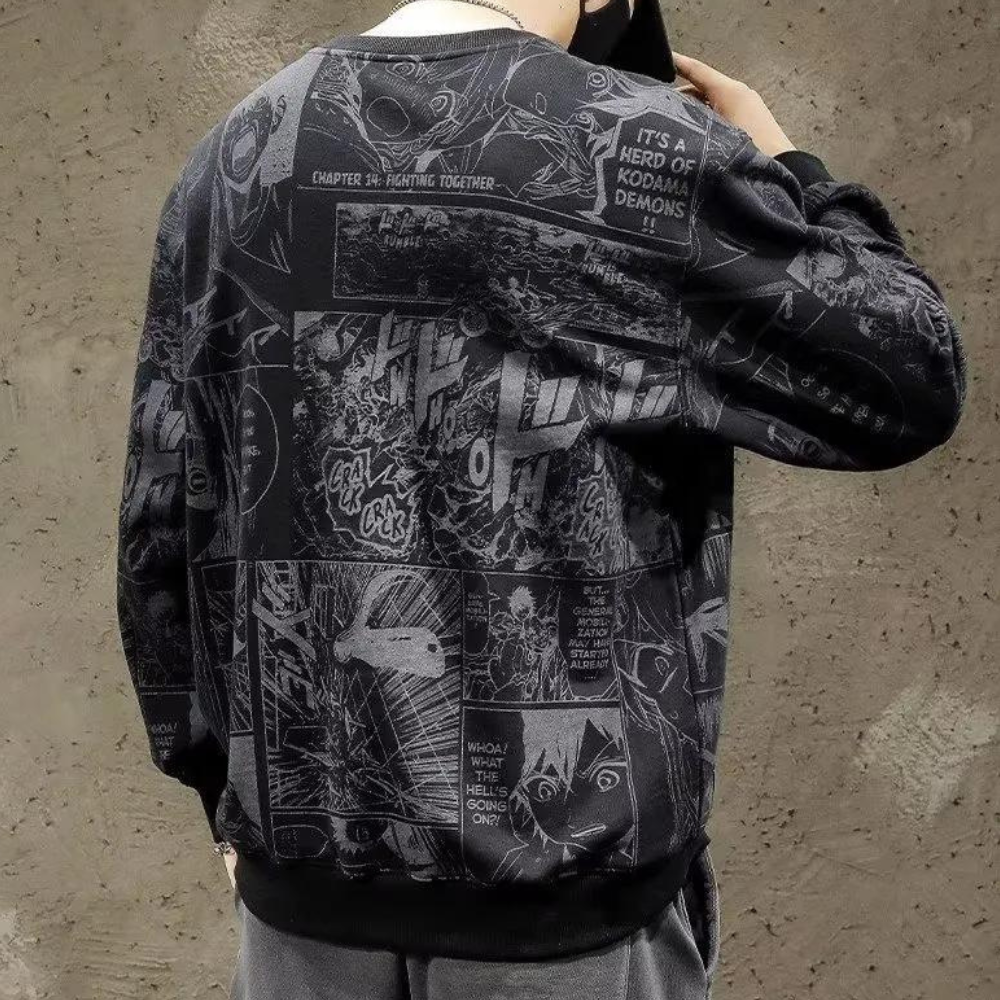 Zwarte anime-manga trui met stripboekprint, unisex streetwear, casual stijl, grafische ontwerpen, populaire mode, comfortabele pasvorm.