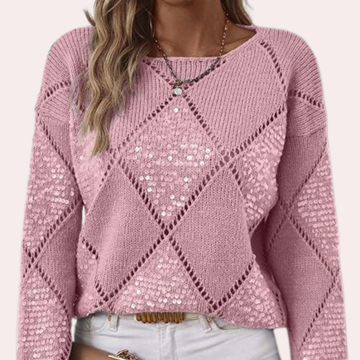 Roze damestrui met pailletten, gebreid diamantpatroon, lange mouwen, casual stijl, perfect voor herfst- en wintermode.