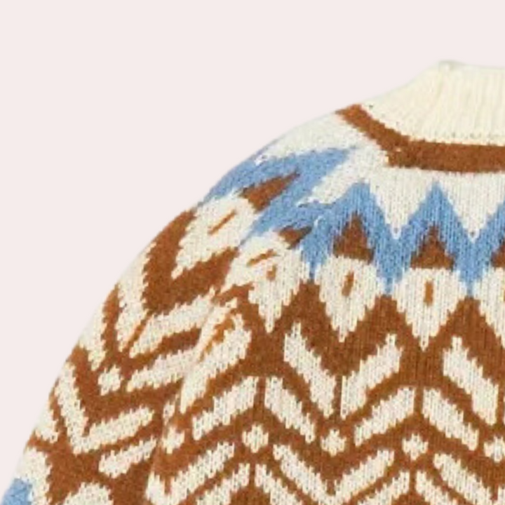 Bruine en blauwe Noorse trui met geometrisch patroon, gebreid van wol. Perfect voor wintermode en Scandinavische stijl.