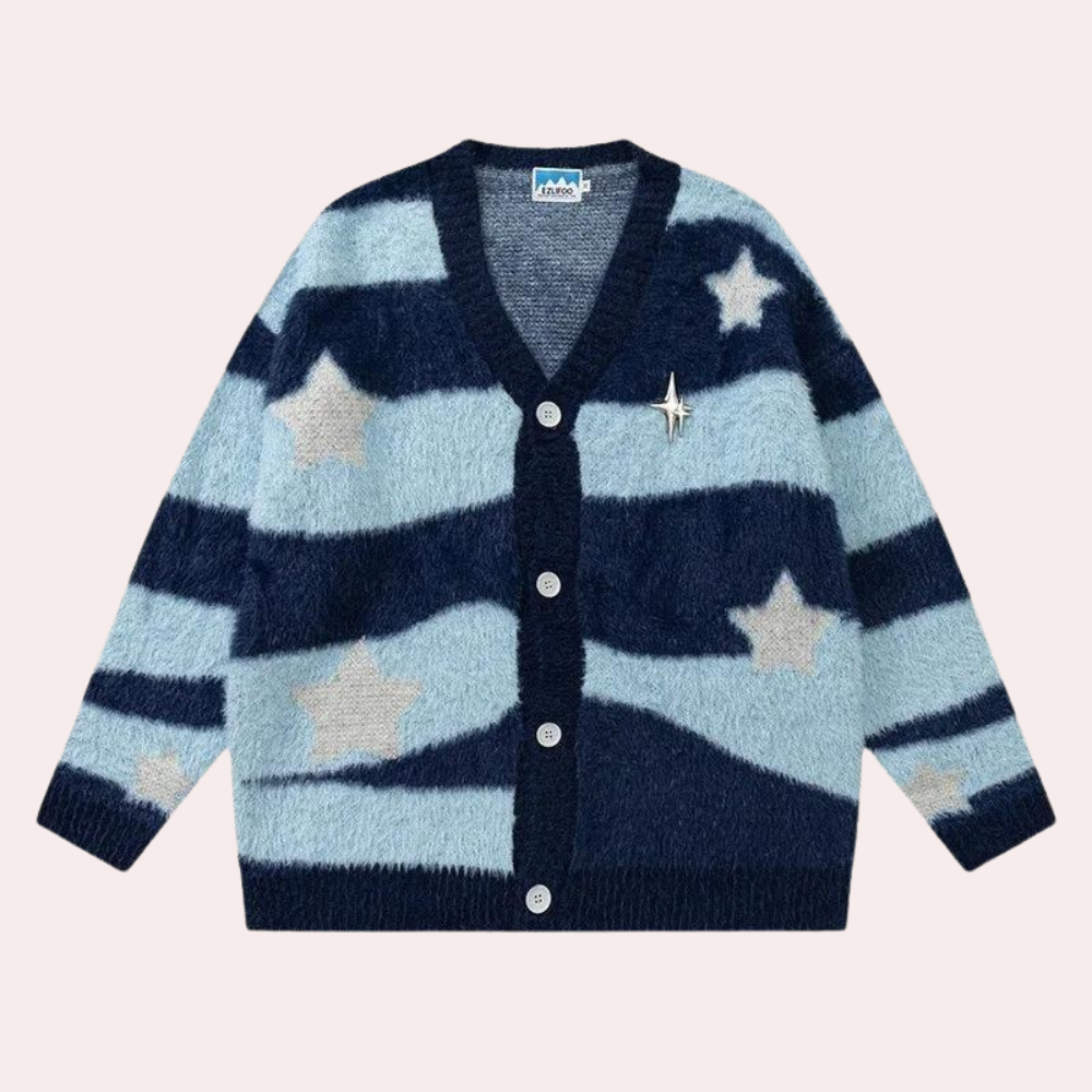 Blauwe en beige gebreide cardigan met sterrenpatroon en V-hals, voorzien van knopen. Trendy damesmode, comfortabele en stijlvolle trui.