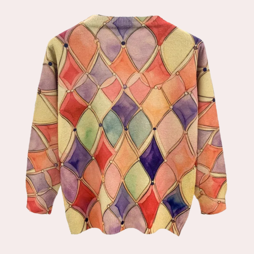 Kleurrijke trui met abstract geometrisch patroon, pasteltinten, lange mouwen, unisex design, modieuze kleding, trendy herenkleding, damesmode.