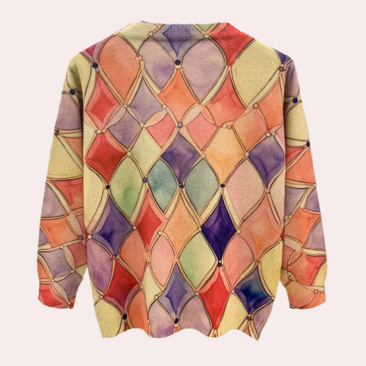 Kleurrijke trui met abstract geometrisch patroon, pasteltinten, lange mouwen, unisex design, modieuze kleding, trendy herenkleding, damesmode.