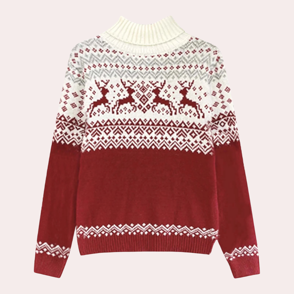 Rode kersttrui met rendierpatroon en witte col, ideaal voor feestdagen. Warme wintermode, gebreide trui voor kerstvieringen.