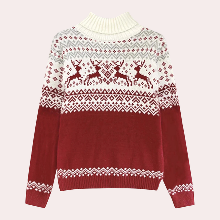 Rode kersttrui met rendierpatroon en witte col, ideaal voor feestdagen. Warme wintermode, gebreide trui voor kerstvieringen.