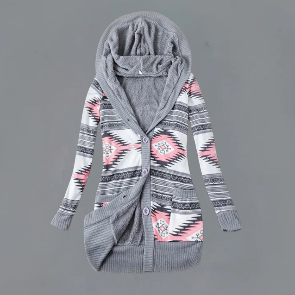 Grijze damesvest met capuchon, Azteekse print, knopen en zakken. Stijlvolle en warme kleding voor herfst en winter. Perfect voor casual outfits.