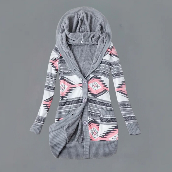 Grijze damesvest met capuchon, Azteekse print, knopen en zakken. Stijlvolle en warme kleding voor herfst en winter. Perfect voor casual outfits.