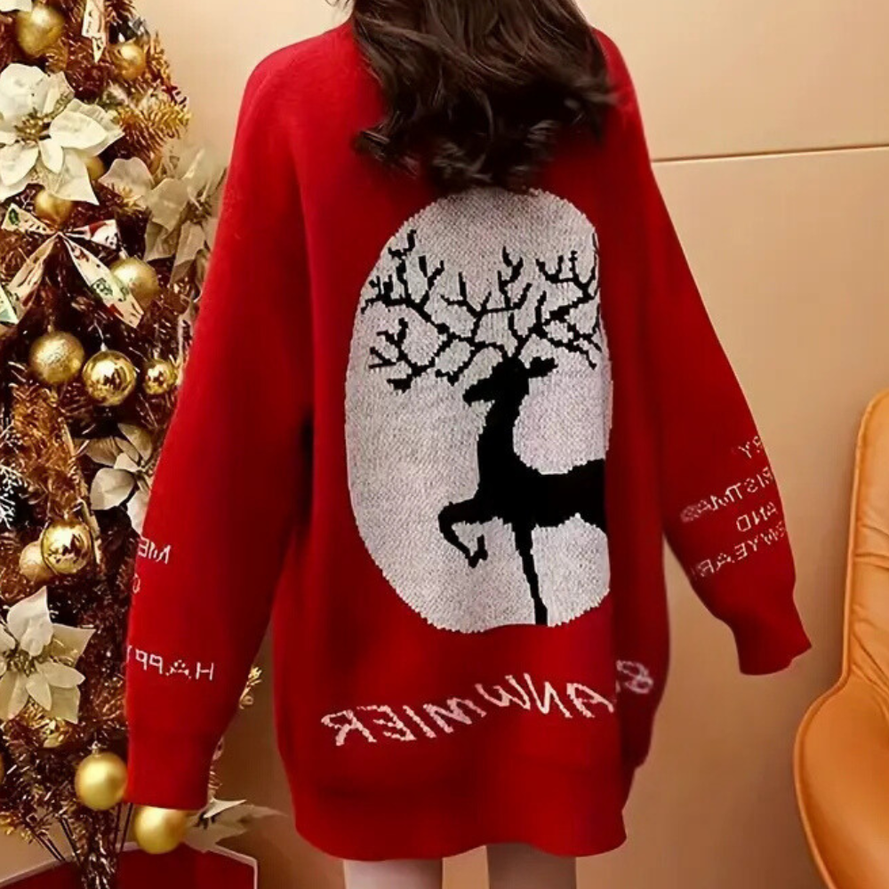 Rode kersttrui met rendier silhouet en kerstboom, damesmode, feestelijke kleding, winterstijl, comfortabele oversized pasvorm.
