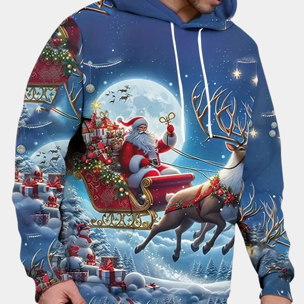 Kersttrui met kerstman en rendier, maan op achtergrond, kleurrijk ontwerp, winterthema, perfect voor feestdagen, cadeau-idee, unisex mode.