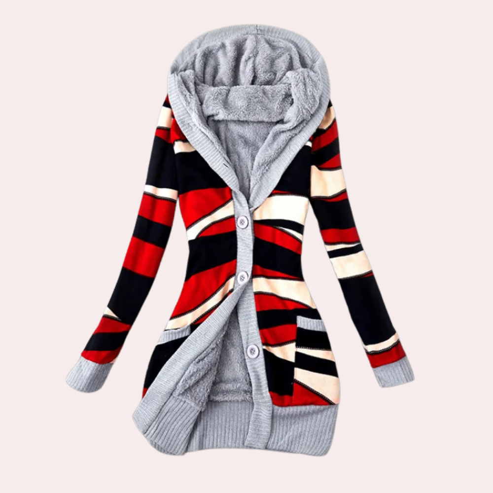 Dames gebreid vest met capuchon, kleurrijk geometrisch patroon, knopen, lange mouwen, warme wintermode, trendy en comfortabel.